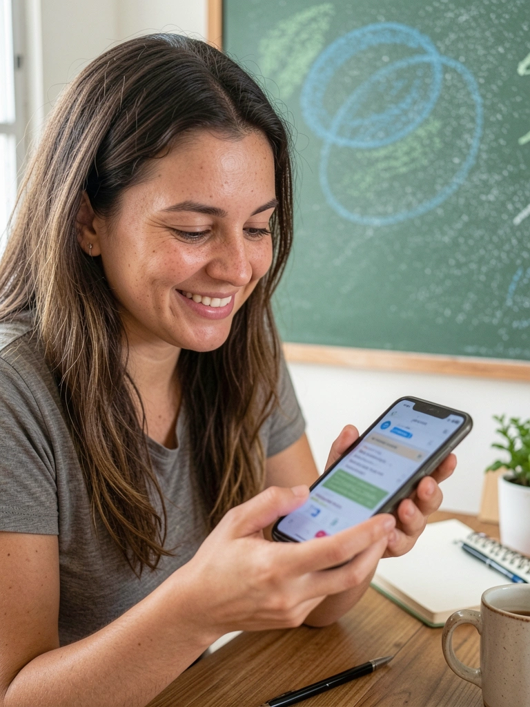 Mãos segurando um celular com a frase 