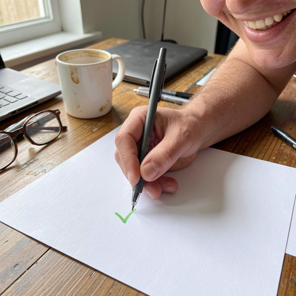 Mão segurando caneta escrevendo a palavra admiro em papel branco ao lado de um check verde