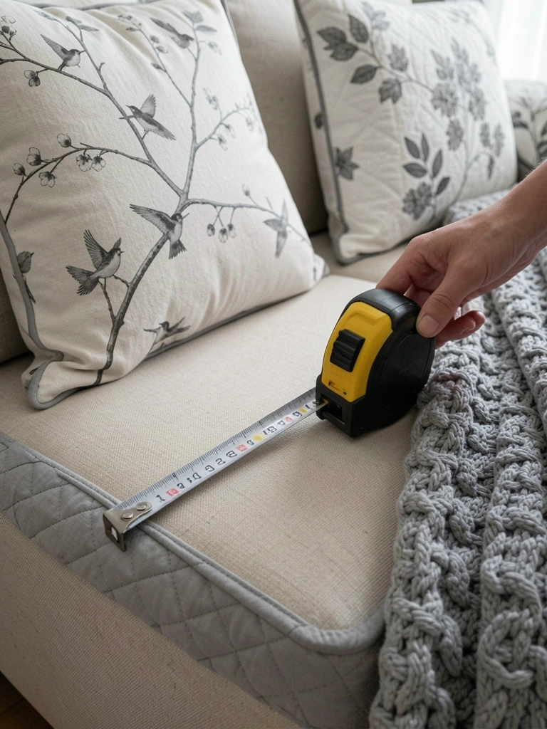 Fita métrica estendida sobre o assento de um sofá claro, medindo a profundidade