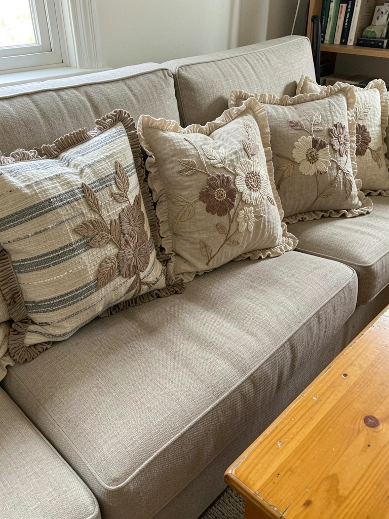 Sofá de três lugares com cinco almofadas distribuídas sobre o assento e o encosto.