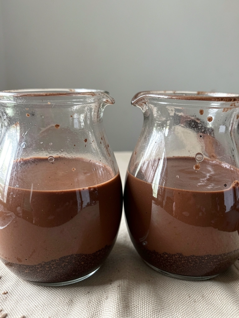 Mousse de chocolate em taça de vidro com textura firme e superfície lisa sobre bancada de mármore.