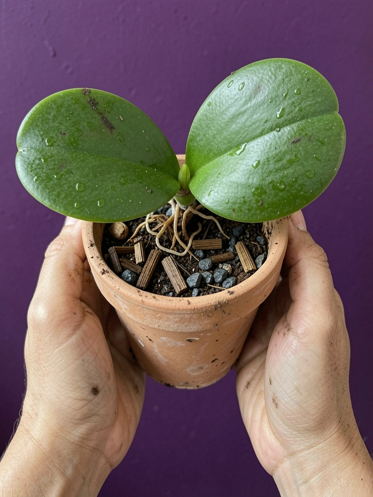 Mãos segurando raízes de orquídea sobre vaso de cerâmica com substrato de casca de pinus.