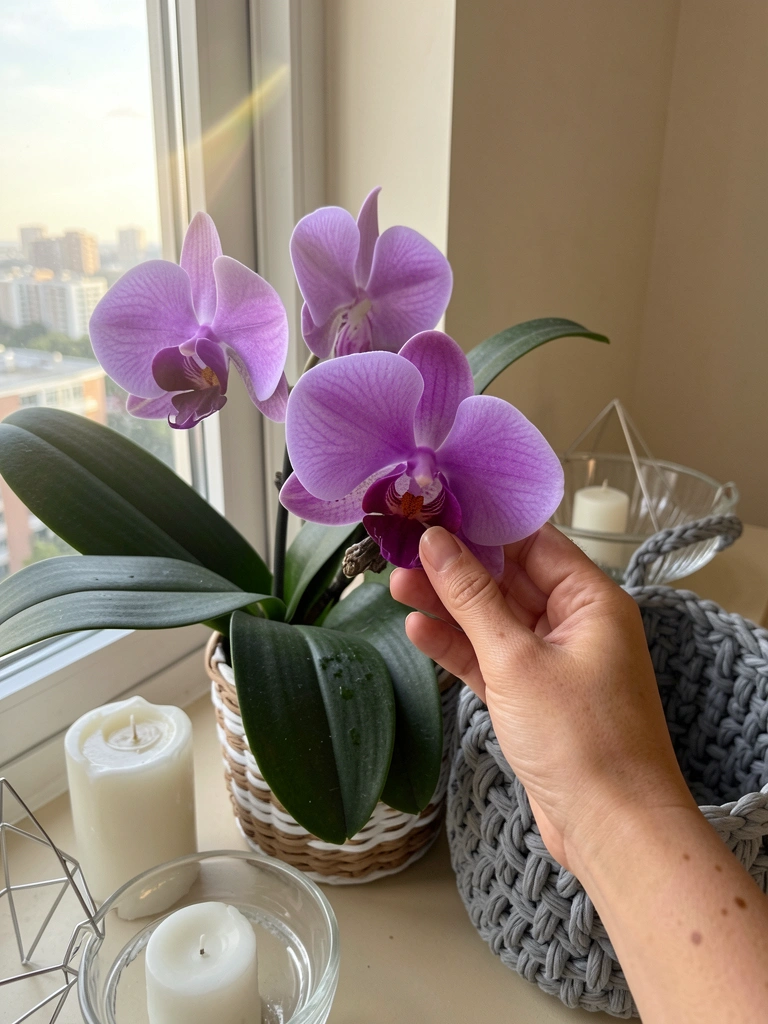 Mãos seguram raízes de orquídea sobre vaso de cerâmica com substrato de casca de pinus.