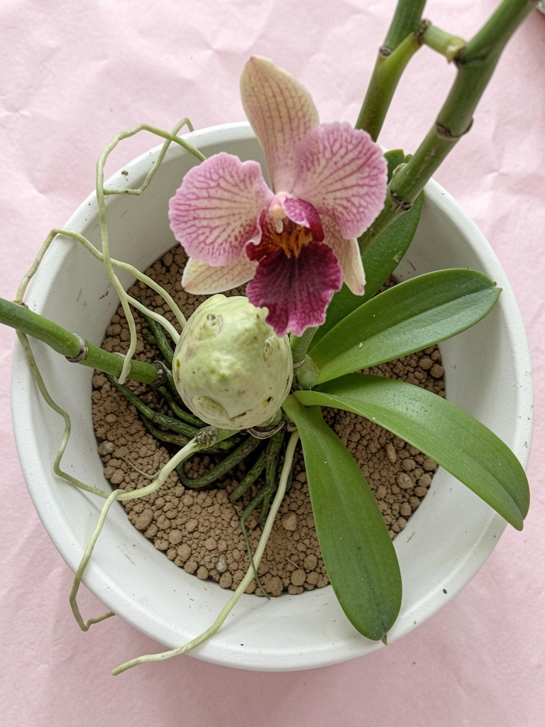 Mãos segurando raízes de orquídea sobre vaso de cerâmica com substrato de casca de pinus