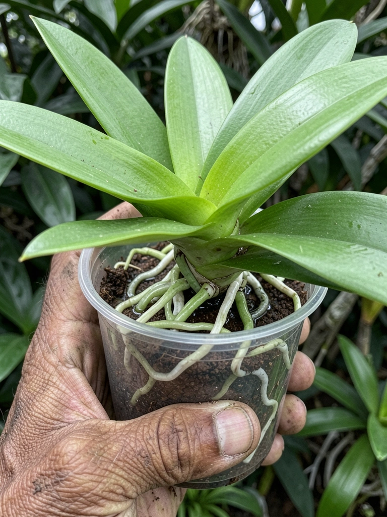 Orquídea branca em vaso de cerâmica sobre mesa de madeira, com raízes expostas e musgo.