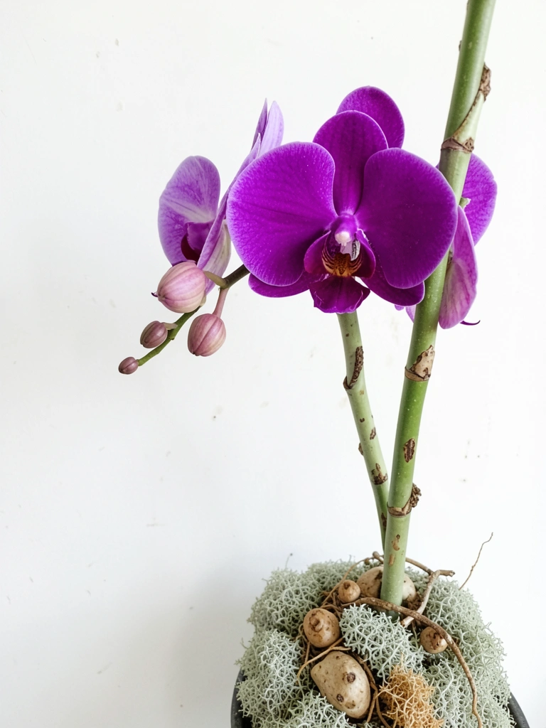 Mãos seguram raízes de orquídea sobre vaso de cerâmica com substrato de casca de pinus