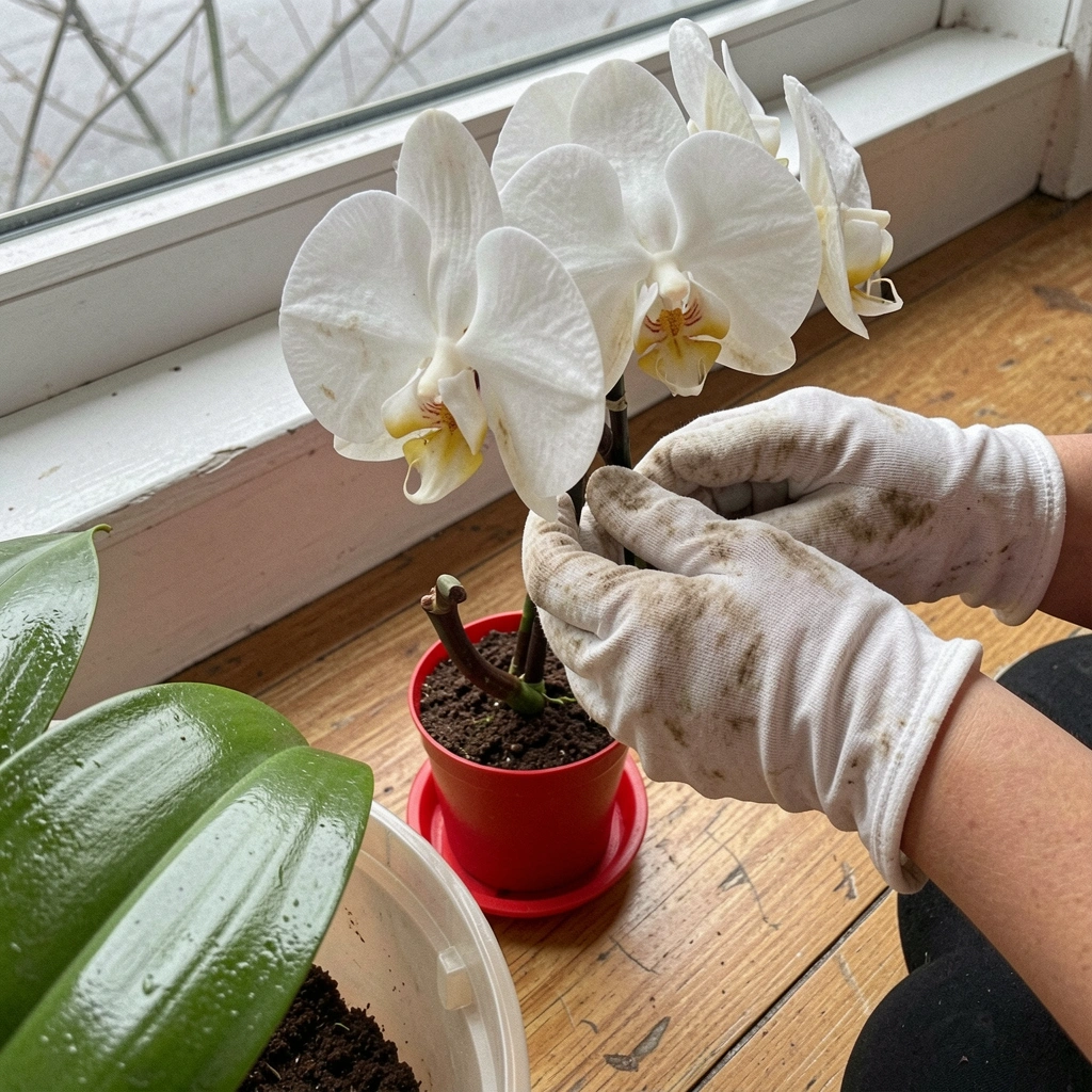 Orquídea em vaso de cerâmica sobre bancada de madeira, com raízes aparentes e folhas verdes