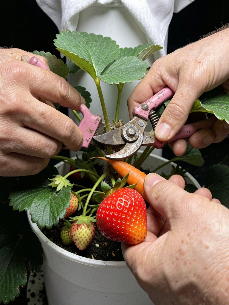 Mãos com tesoura podando a coroa de um morangueiro em vaso, em close.