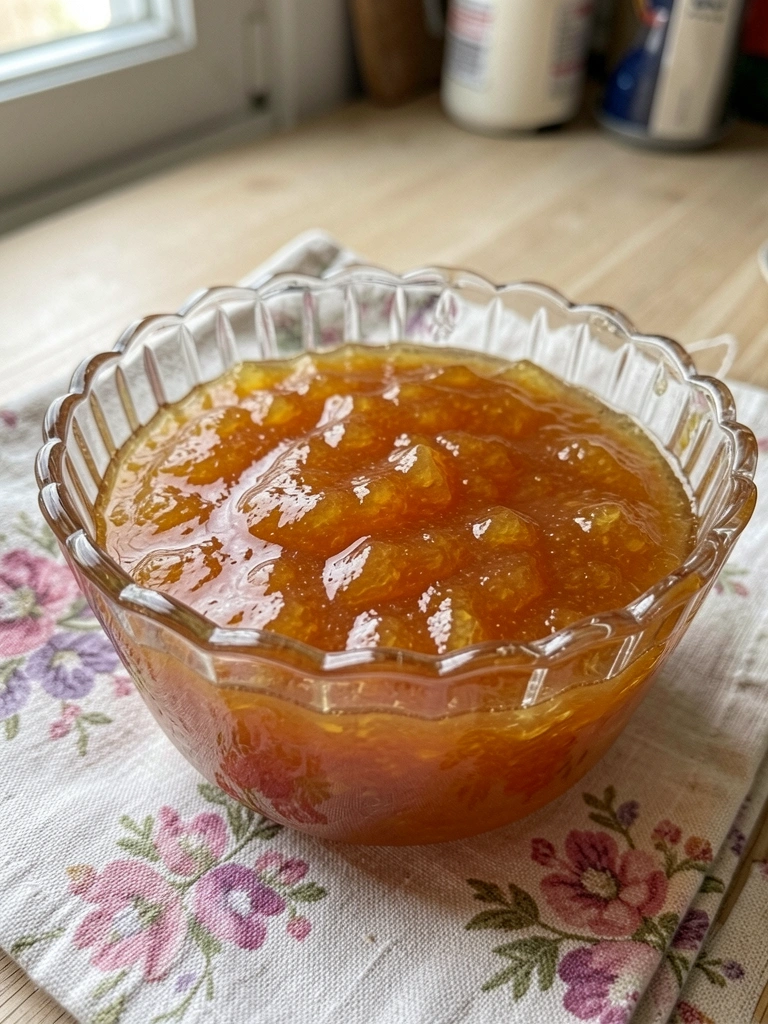 Tigela de vidro com coulis de manga ao lado de frutas frescas sobre bancada de mármore claro