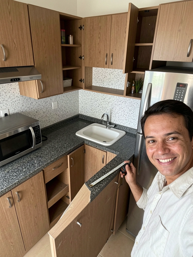 Sala com armário planejado embutido na parede e trena sendo usada para medir o vão irregular.