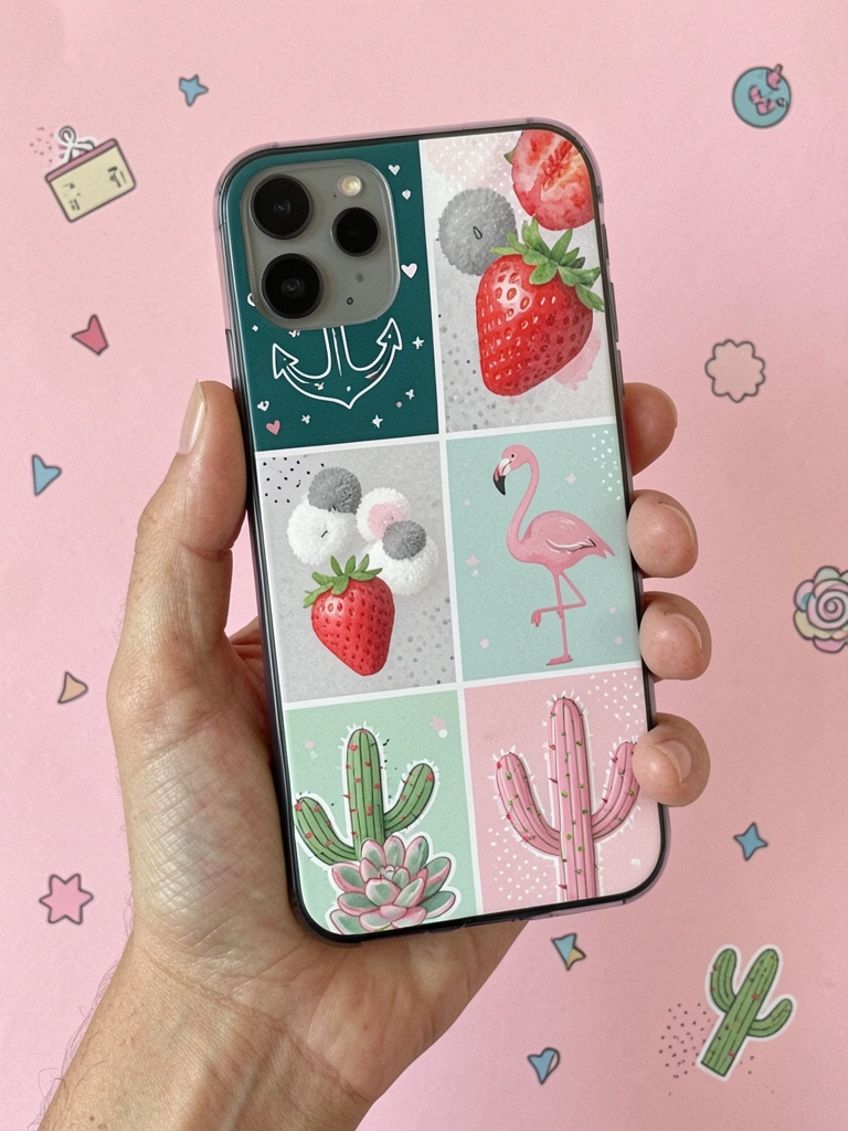 Mão segurando um celular sobre fundo rosa pastel com ícones coloridos flutuando ao redor.