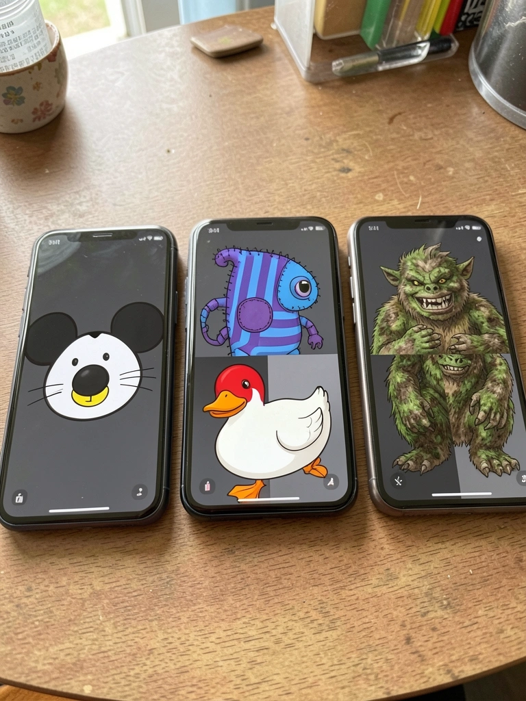 Três celulares alinhados exibindo papéis de parede distintos em cores claras e escuras.